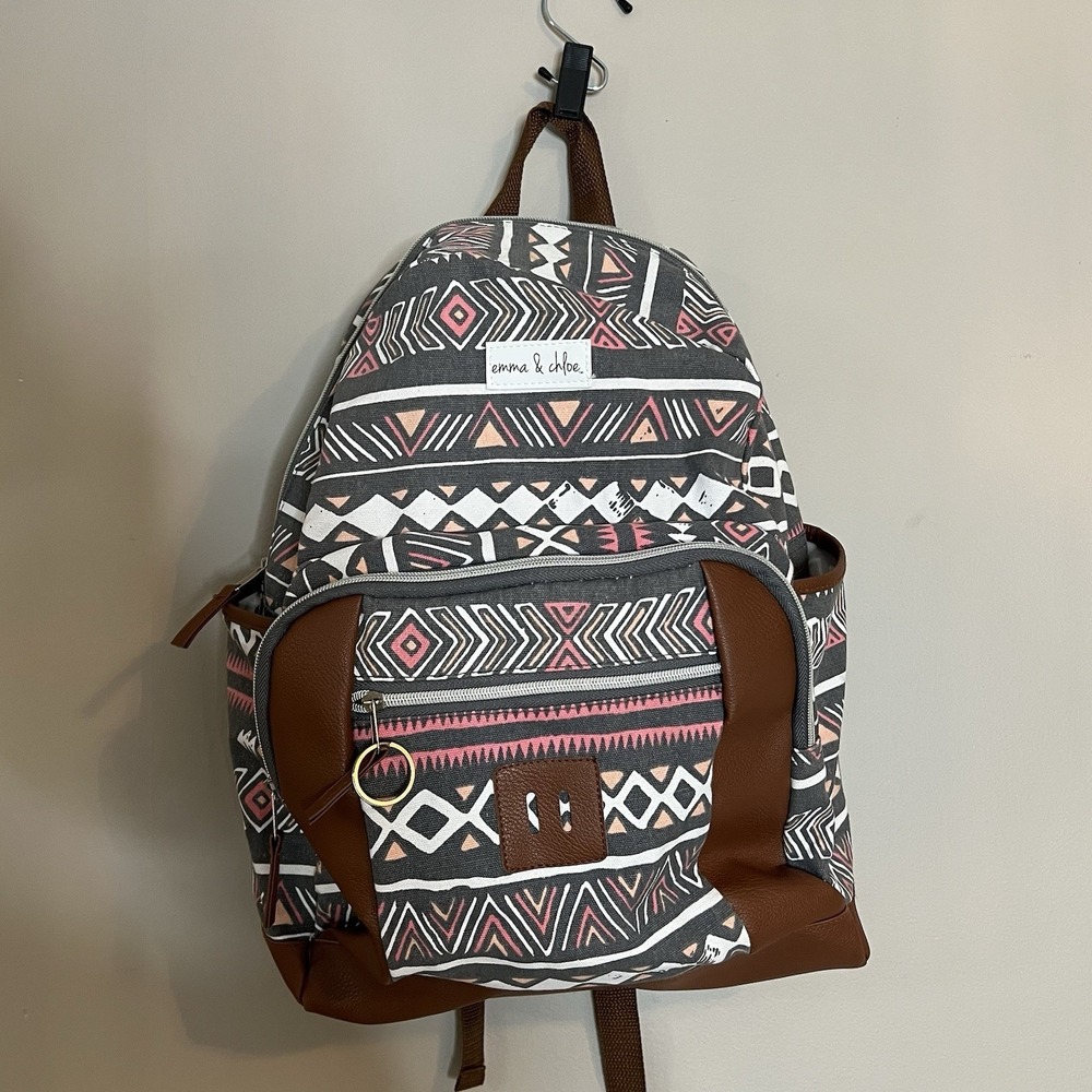 Emma & Chloe Boho Tribal‎ Print Canvass Backpack Gray Pink Faux Leather Bag